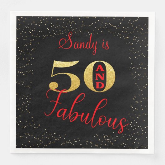 Vijftig en Fabulous Rood Goud Glitter Verjaardag Servet (Voorkant)