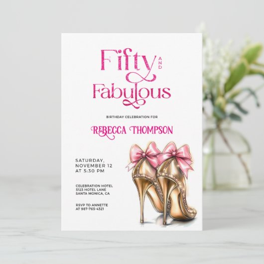 Vijftig en Fabulous Roze Gouden Hoge Hakken 50e Ve Kaart (Staand voorkant)