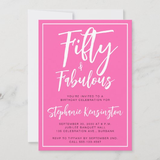 Vijftig en Fabulous Roze Script 50ste Verjaardagsf Kaart (Voorkant)