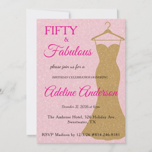 Vijftig en Fabulous Schrift Roze Goud 50ste Verjaa Kaart (Voorkant)