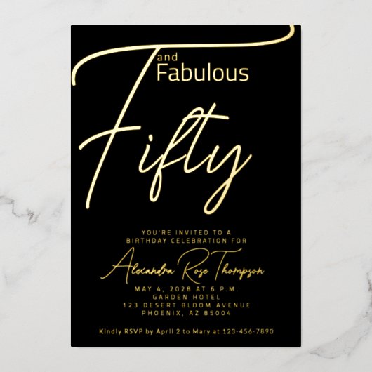 Vijftig en Fabulous Script 50ste verpartij Folie Uitnodiging (Voorkant)