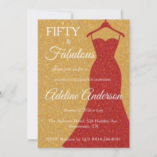 Vijftig en Fabulous Script Goud Rood Wit 50ste Kaart (Voorkant)