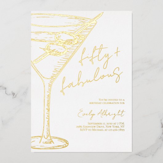 Vijftig en Fabulous Script Lijn Kunst Goud Folie Uitnodiging (Voorkant)