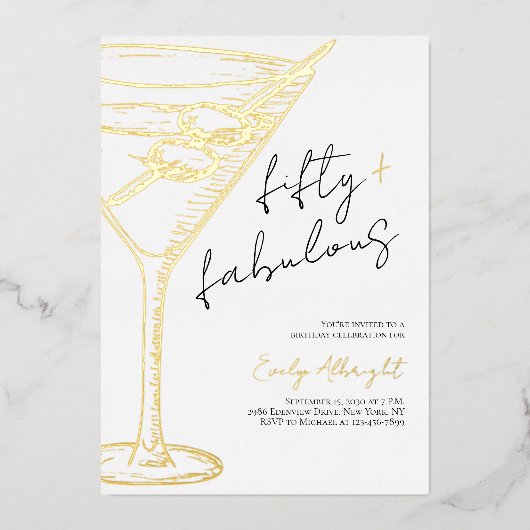 Vijftig en Fabulous Script Lijn Kunst Goud Folie Uitnodiging (Voorkant)