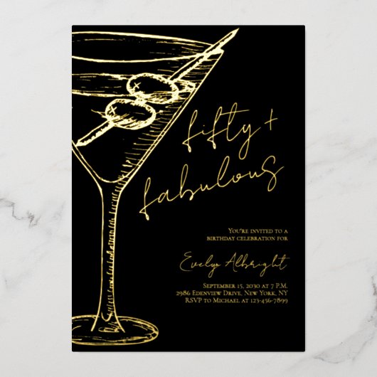 Vijftig en Fabulous Script Lijn Kunst Goud Folie Uitnodiging (Voorkant)