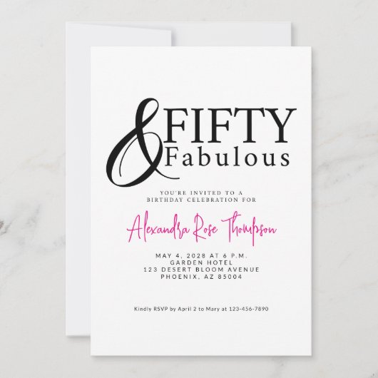 Vijftig en Fabulous Script Roze 50ste Verjaardagsf Kaart (Voorkant)