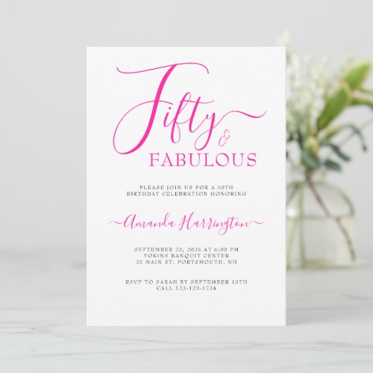 Vijftig en Fabulous Script Roze 50ste Verjaardagsf Kaart (Staand voorkant)