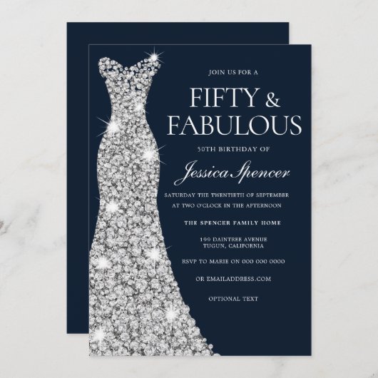 Vijftig en Fabulous Silver Diamond Gown 50th Birth Kaart (Voorkant / Achterkant)