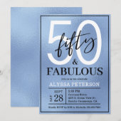 Vijftig en Fabulous Stofblauw Script 50ste Verjaar Kaart (Voorkant / Achterkant)