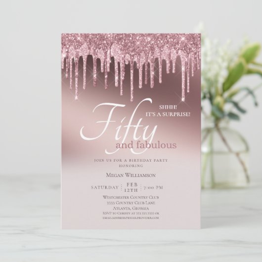 Vijftig en Fabulous Surprise Pink Glitter Birthday Kaart (Staand voorkant)