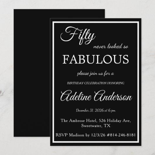 Vijftig en Fabulous Vrouw Zwart Wit 50ste Verjaard Kaart (Voorkant / Achterkant)