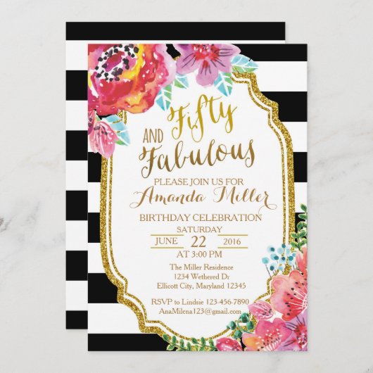 Vijftig en Fabulous waterverf Verjaardagsuitnodigi Kaart (Voorkant / Achterkant)