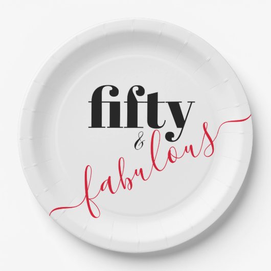 Vijftig en Fabulous Zwart en Rood Script Papieren Bordje (Voorkant)
