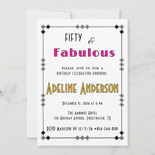 Vijftig en Fabulous Zwart Goud Roze Art Deco Kaart (Voorkant)