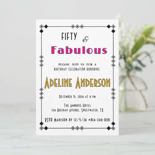 Vijftig en Fabulous Zwart Goud Roze Art Deco Kaart (Staand voorkant)