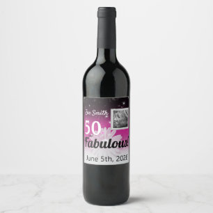Vijftig en Fabulous zwart, roze, wit met madeliefj Wijn Etiket