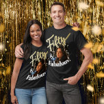 Vijftig en fantastisch, 50ste verjaardag gouden sc t-shirt<br><div class="desc">Vijftig en fantastisch,  50e verjaardag half eeuw goudkleurige effect script tekst voeg je eigen foto. Personaliseer dit 50ste shirt met je boodschap en vierkante foto van je verjaardagsmeisje. Andere jaren en overeenkomende objecten zijn beschikbaar. © Origineel ontwerp van Sarah Trett voor www.mylittleeden.com op Zazzle.</div>