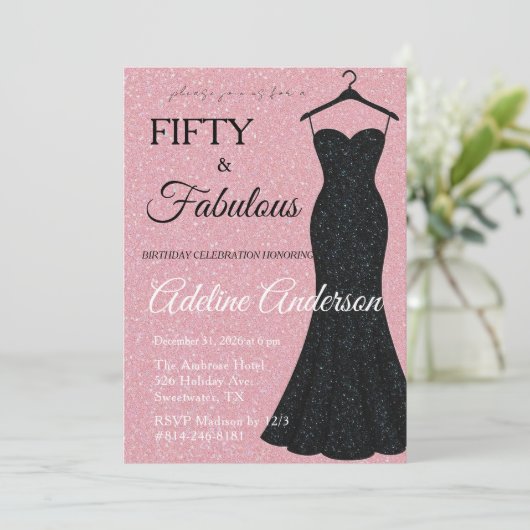 Vijftig en Fantastisch Zwart en Roze Glitters 50e  Kaart (Staand voorkant)