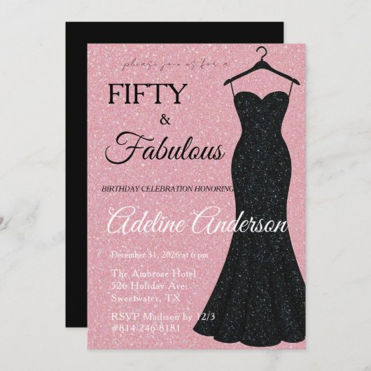 Vijftig en Fantastisch Zwart en Roze Glitters 50e Kaart (Voorkant / Achterkant)