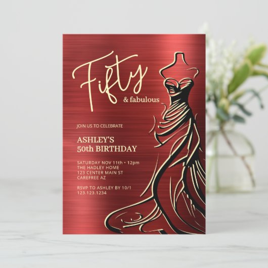 Vijftig en fantastische jurk rood 50ste verjaardag kaart (Staand voorkant)