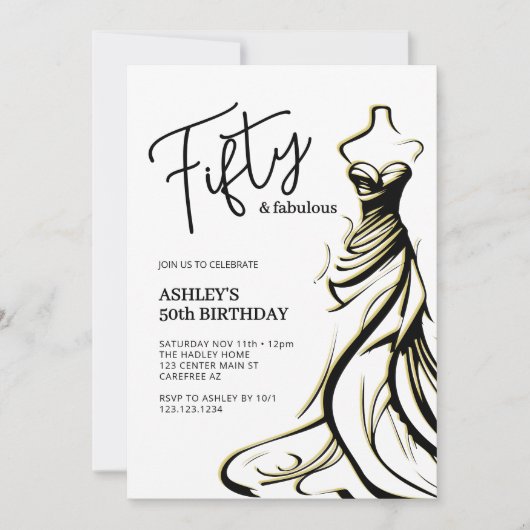 Vijftig en fantastische jurk zwart wit 50ste verja kaart (Voorkant)