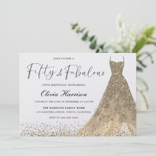 Vijftig en fantastische prachtige gouden jurk 50e  kaart (Staand voorkant)