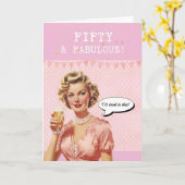 Vijftig en fantastische retro roze verjaardagskaar kaart (Gele Bloem)