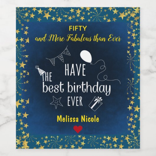 Vijftig en meer Fabulaire naam Golden Stars Birthd Wijn Etiket (Enkel label)