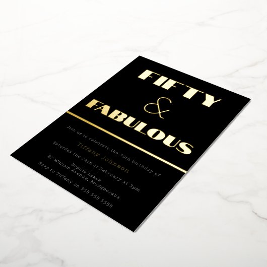 Vijftig en verbazingwekkend! Retro Black en Gold 5 Folie Uitnodiging (Gedraaid)