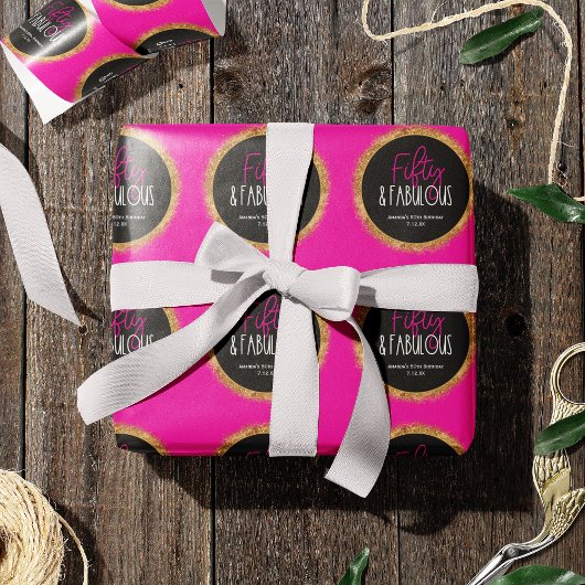 Vijftig & Fabulous 50e Verjaardag w Custom Text Zw Cadeaupapier