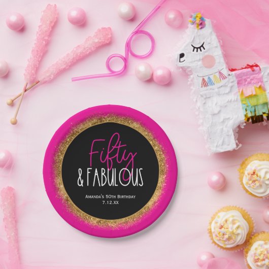 Vijftig & Fabulous 50e Verjaardag w Custom Text Zw Papieren Bordje (Feest)