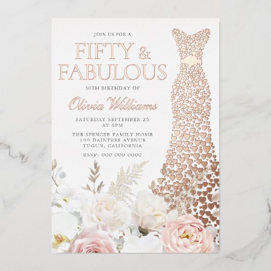 Vijftig & Fabulous 50ste Verjaardagsfeestje Roos G Folie Uitnodiging (Voorkant)