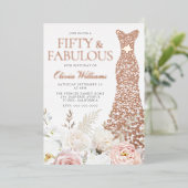 Vijftig & Fabulous 50ste Verjaardagsfeestje Roos G Folie Uitnodiging (Staand Voorkant)