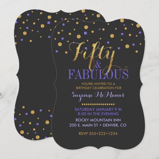 Vijftig & Fabulous Goud & Paarse Confetti Stippen Kaart (Voorkant / Achterkant)