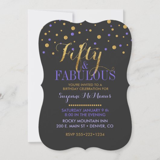 Vijftig & Fabulous Goud & Paarse Confetti Stippen Kaart (Voorkant)