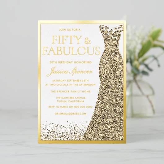 Vijftig & Fabulous Gouden Folie 50e Verjaardag Folie Uitnodiging (Staand Voorkant)