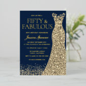 Vijftig & Fabulous Gouden Folie Marine 50e Verjaar Folie Uitnodiging (Staand Voorkant)