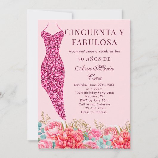 Vijftig & Fabulous Roze Bloemen Spaans 50ste verja Kaart (Voorkant)