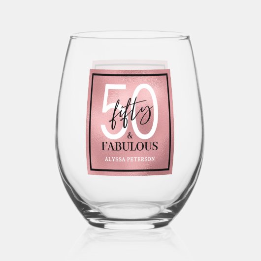 Vijftig & Fabulous Roze Goud Schrift 50ste Verjaar Wijnglas Zonder Voet (Voorkant)