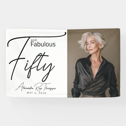 Vijftig & Fabulous Script Foto 50ste Verjaardagsfe Spandoek (Horizontaal)