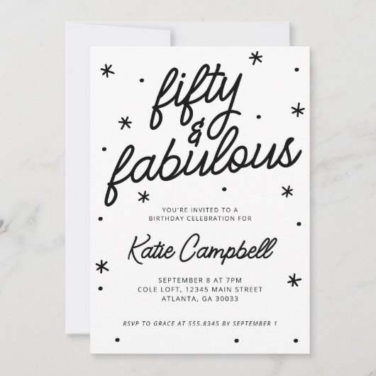 Vijftig Fabulous Script Zwart Wit 50ste Verjaardag Kaart (Voorkant)