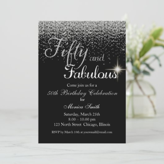 Vijftig Fabulous Silver Glitter Birthday Invitatio Kaart (Staand voorkant)