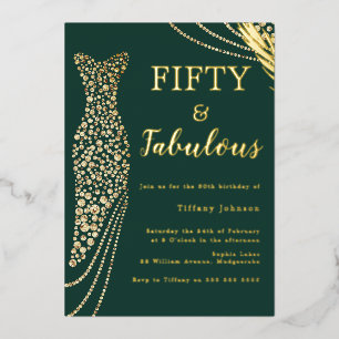 Vijftig & Fabulous Smaragd Gouden Jurk 50ste Verja Folie Uitnodiging
