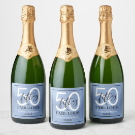Vijftig & Fabulous Stofblauw Schreef 50ste Verjaar Sparkling Wijnetiket