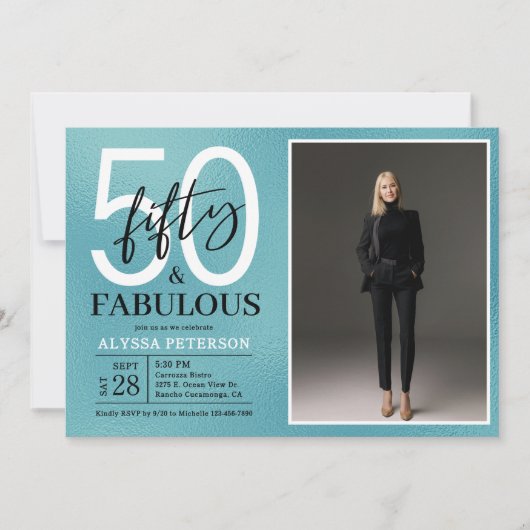 Vijftig & Fabulous Teal Script 50ste verjaardag Fo Kaart (Voorkant)