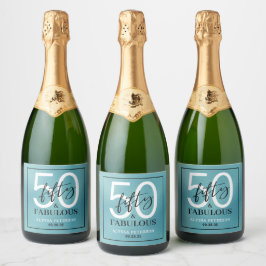 Vijftig & Fabulous Teal Script 50ste verjaardag Sparkling Wijnetiket