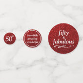 Vijftig & Fabulous Wit op Rode Glitter Tafel Confetti (Voorkanten)