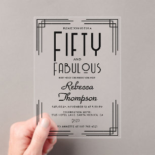 Vijftig Fabulous Zwart Witte Art Deco 50ste Verjaa Acryl Uitnodigingen