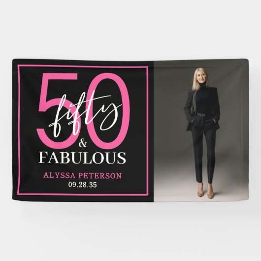 Vijftig & Fabulous Zwarte Script 50ste Verjaardag Spandoek (Horizontaal)