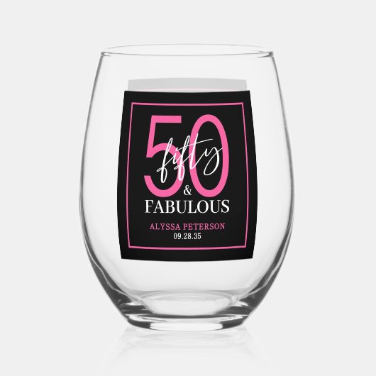 Vijftig & Fabulous Zwarte Script 50ste verjaardag Wijnglas Zonder Voet (Voorkant)